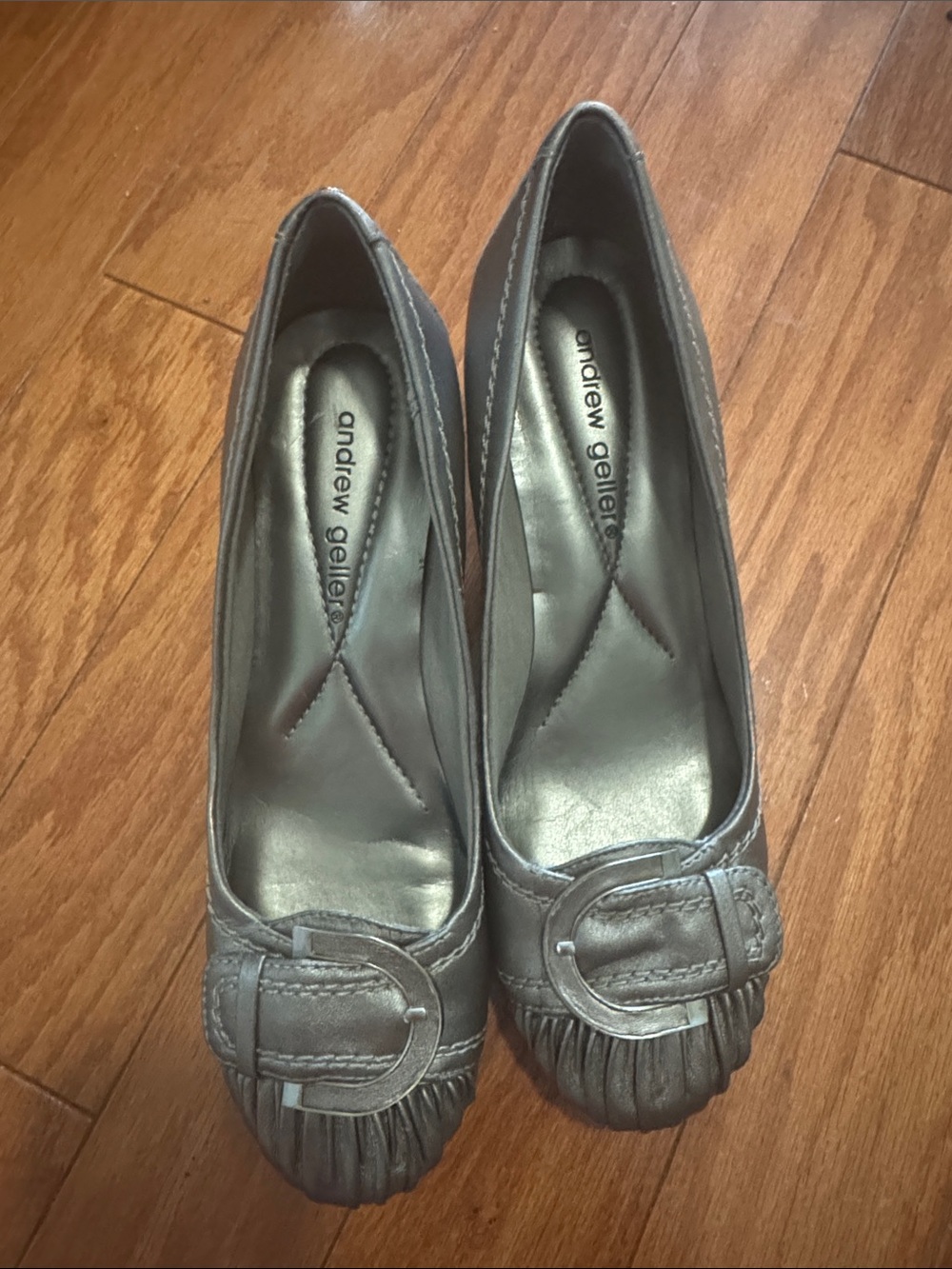 Andrew Geller Gray Leather Buckle Heels